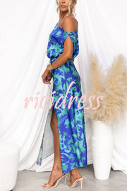 Satin Unique Print One Shoulder Tie Waist Slit Maxi Dress
