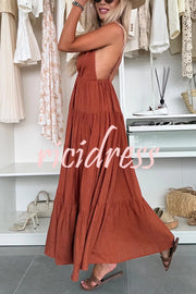 Bohemian Style V-neck Backless Slip Layered Vacation Maxi Dress