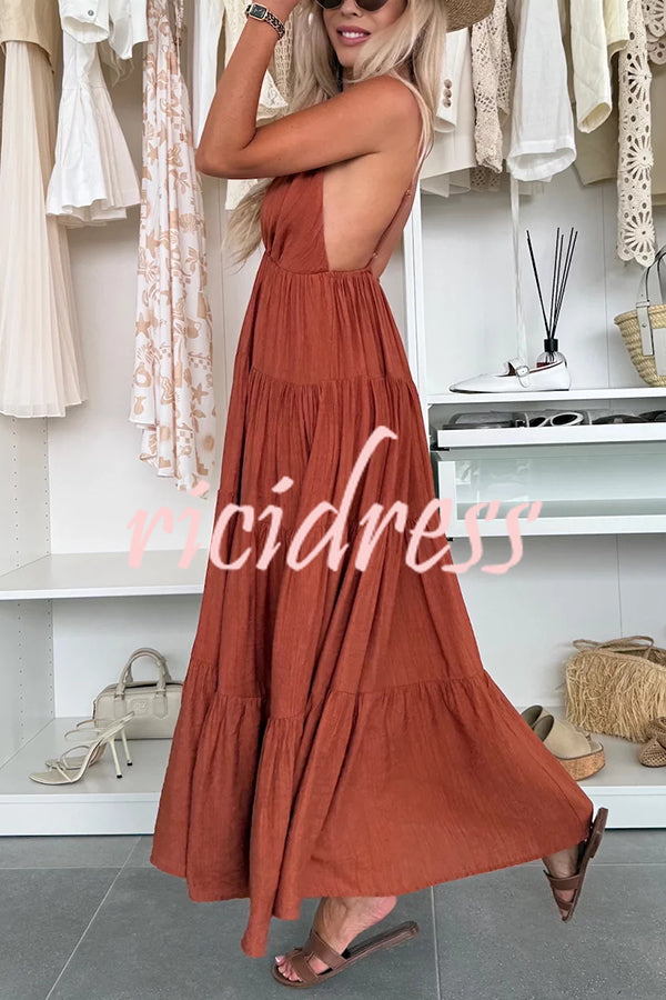 Bohemian Style V-neck Backless Slip Layered Vacation Maxi Dress