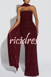 Pandra Glittery Crepe Fabric Off Shoulder Ruched Slit Cape Maxi Dress