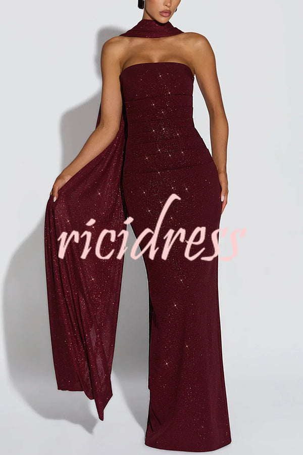 Pandra Glittery Crepe Fabric Off Shoulder Ruched Slit Cape Maxi Dress