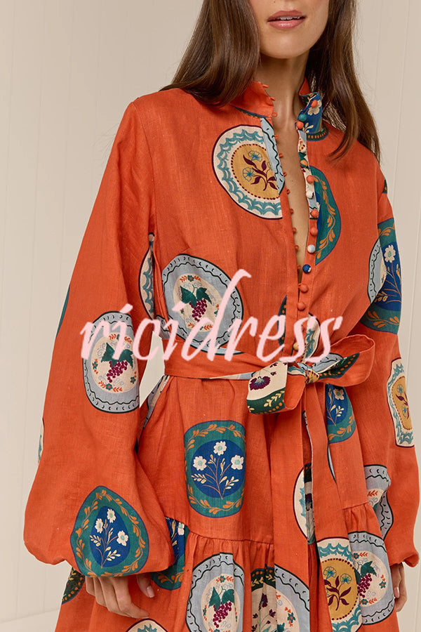 Linen Blend Unique Print Tie Waist Loose Mini Dress