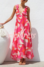 Unique Printed V-neck Ruffled Straps Pleated Back Maxi Dress