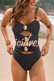 Fashionable Color-blocked Metal Button Stretch One-piece Swimsuit