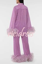 Glitter Fabric Feather Trim Long Sleeve Button Top and Elastic Waist Loose Straight Pants Set