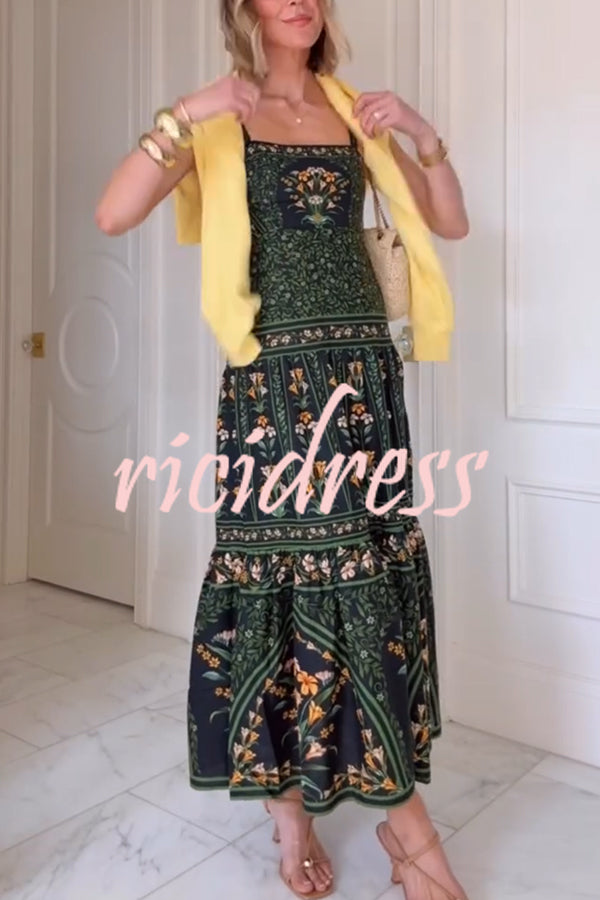 Tropical Look Linen Blend Floral Print Square Neck Back Smocked Midi Dress