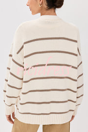 Striped Loose V-neck Long-sleeved Casual Knit Cardigan
