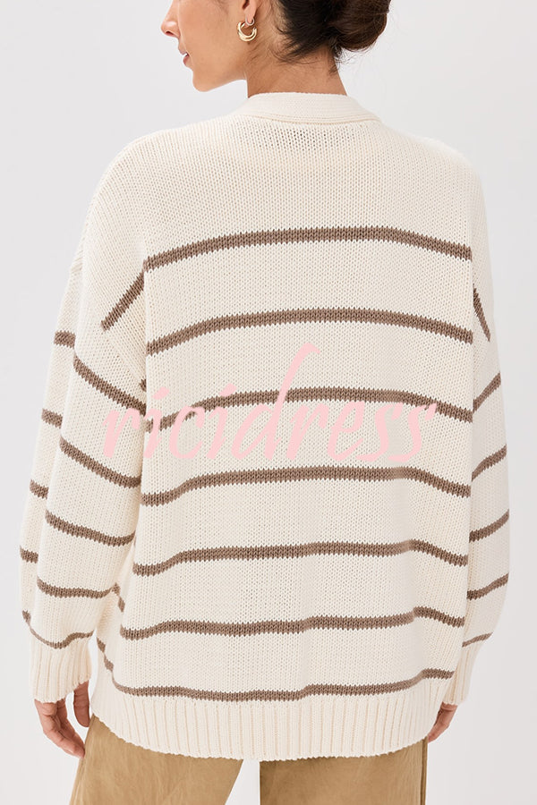 Striped Loose V-neck Long-sleeved Casual Knit Cardigan