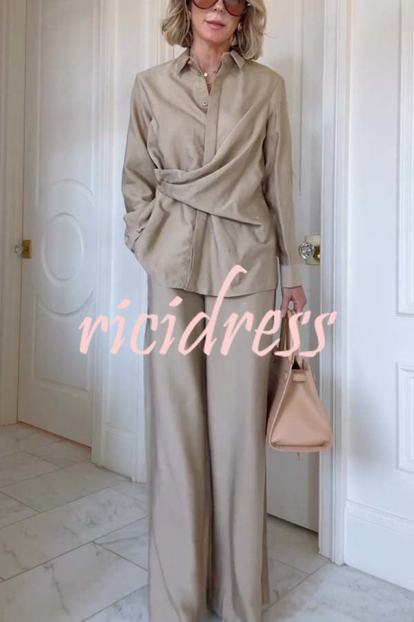 Juliette Cross-front Button Up Long Sleeve Shirt and Elastic Waist Pocket Loose Pants Set