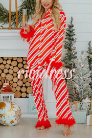 Christmas Party Striped Print Pocket Feather Elastic Waist Pajama Set