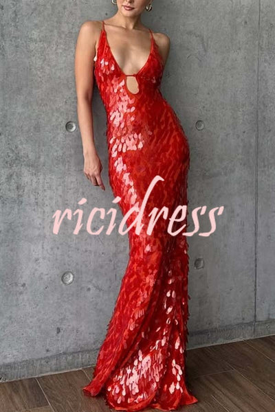 Reshape Beauty Fish Scale Sequin Cutout U-neck Slip Maxi Dress