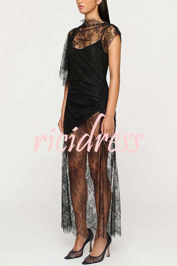 Romantic Statement Lace One Shoulder Bell Sleeve Asymmetrical Maxi Dress