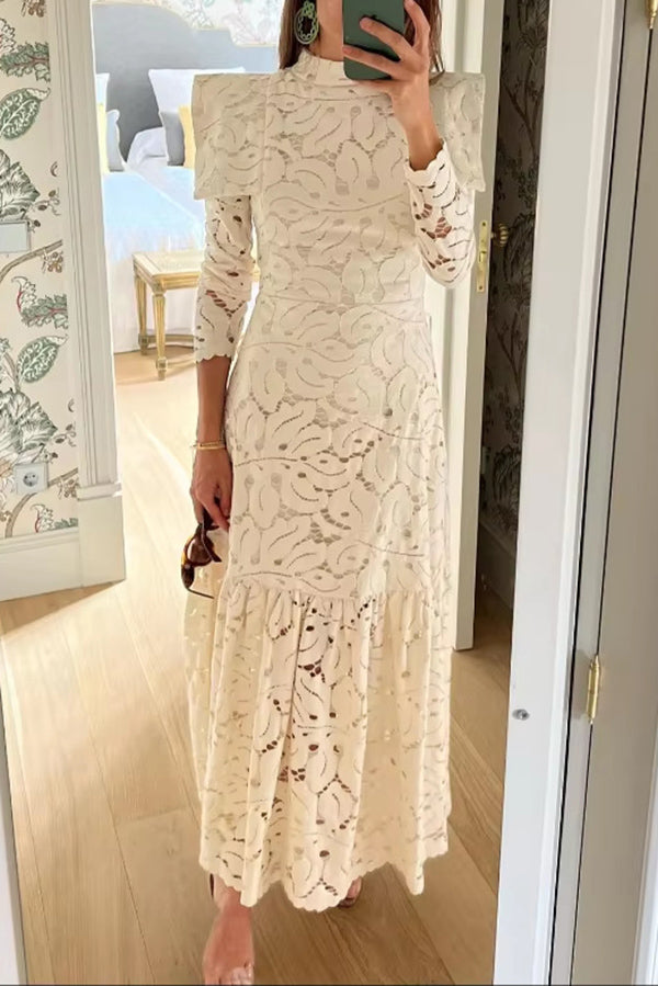 Solid Color Hollow Lace High Neck Long Sleeve Elegant Maxi Dress