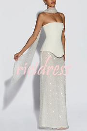 Oakley Corset Strapless Top and Sequin High Rise Maxi Skirt Scarf Set