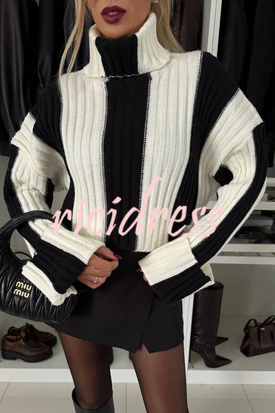 Comfort and Warmth Knit Color Block Long Sleeve Turtleneck Sweater