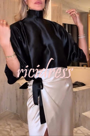Black and White Classic Satin High Neck Crop Top and Wrap Tie-up Slit Maxi Skirt Set