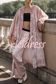 Gorgeous Glossy Velvet Long Bell Sleeve Tie-up Pocket Midi Kimono Coat