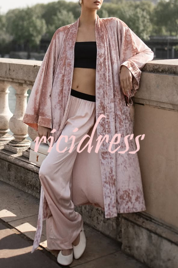 Gorgeous Glossy Velvet Long Bell Sleeve Tie-up Pocket Midi Kimono Coat