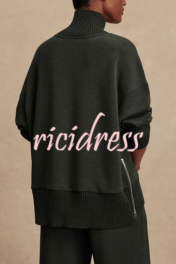 Barker High-Neck Long Sleeve Side Zipper Sweatshirt and Elastic Waist Pocketed Loose Pants Set