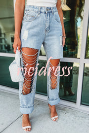 Casual Pocket Ripped Chain Embellished Straight Jeans