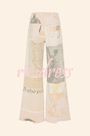 Historic Imagery Unique Print High Rise Pocketed Wide Leg Jeans