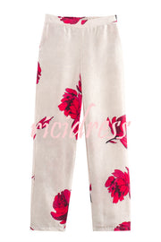 Special Attendance Satin Floral Print High Rise Elastic Waist Pocket Pants