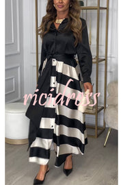 Lindsey Satin Colorblock Contrast Long Sleeve Belted Shirt Maxi Dress