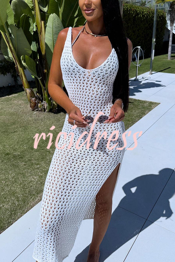 Solid Color V-neck Hollow Beach Knitted Cover-up Midi Dress