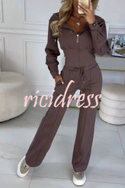 Solid Color Hooded Zip-up Jacket and Elastic Waist Pocket Wide-leg Pants Set