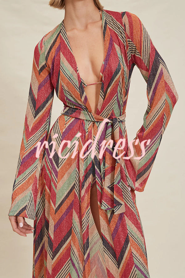 Gypsy Girl Triangle Pattern Tie-up Long Sleeve Midi Cover-up Robe