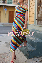 Sunkissed Satin Colourful Stripe Print One Shoulder Midi Dress