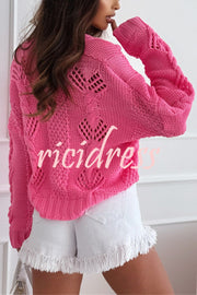 Fashion Hollow Long Sleeve V-neck Button Loose Knitted Cardigan