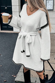 Stylish Loose-fitting Long-sleeved Tie-waist Knit Mini Dress