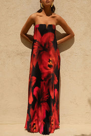 For Every Occasion Satin Pleated Floral Print V-wire Bandeau Neck Maxi Dress