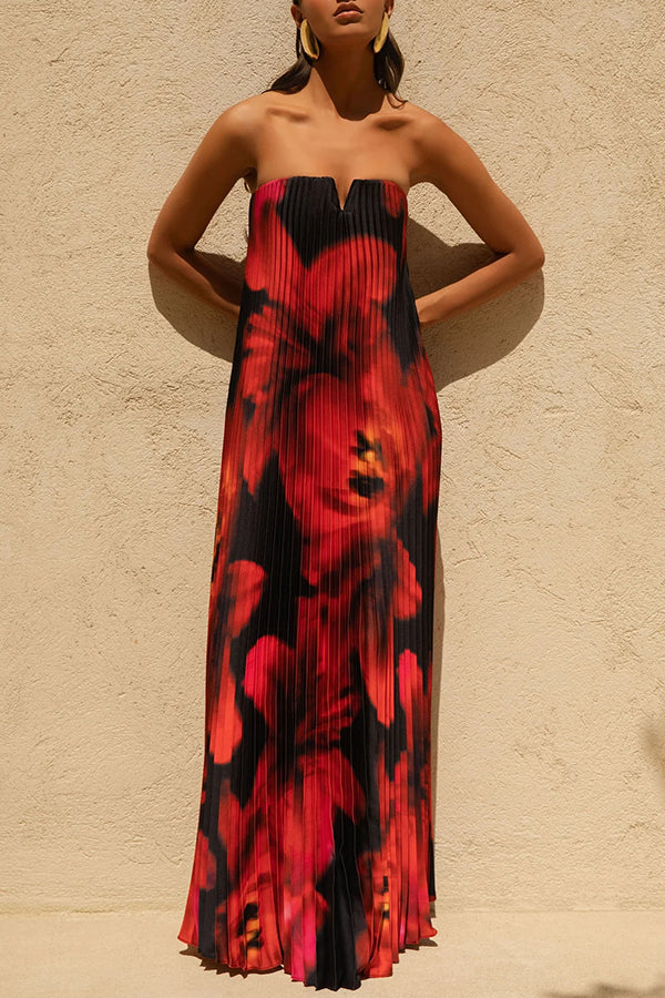 For Every Occasion Satin Pleated Floral Print V-wire Bandeau Neck Maxi Dress