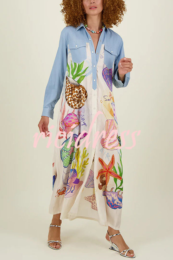 Take A Trip Marine Elements Unique Print Patchwork Pocketed Long Shirt Coat