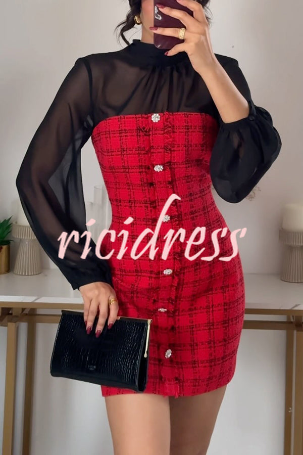 Festive Elegance Tulle Plaid Tweed Patchwork Balloon Sleeve Mini Dress