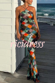 Little Mermaid Colorful Scales Print Halter Maxi Dress