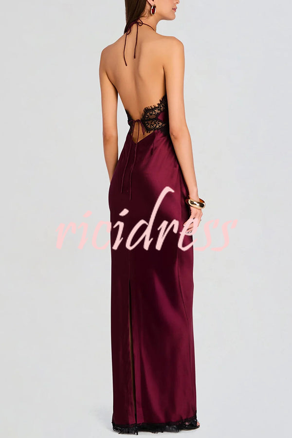 Everly Contrast Color Satin Lace Trim Halter Back Lace-up Flare Maxi Dress