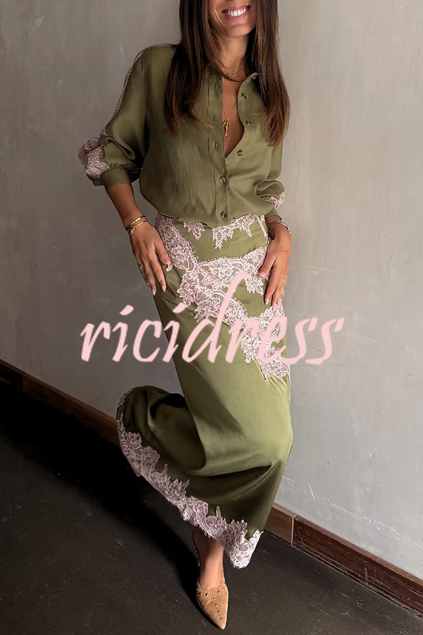 Eye-catching Work Contrast Color Satin Lace Trim Mid Rise Maxi Skirt