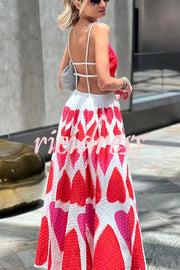 Full of Love Heart Shape Print Cutout Spaghetti Strap Backless Maxi Dress