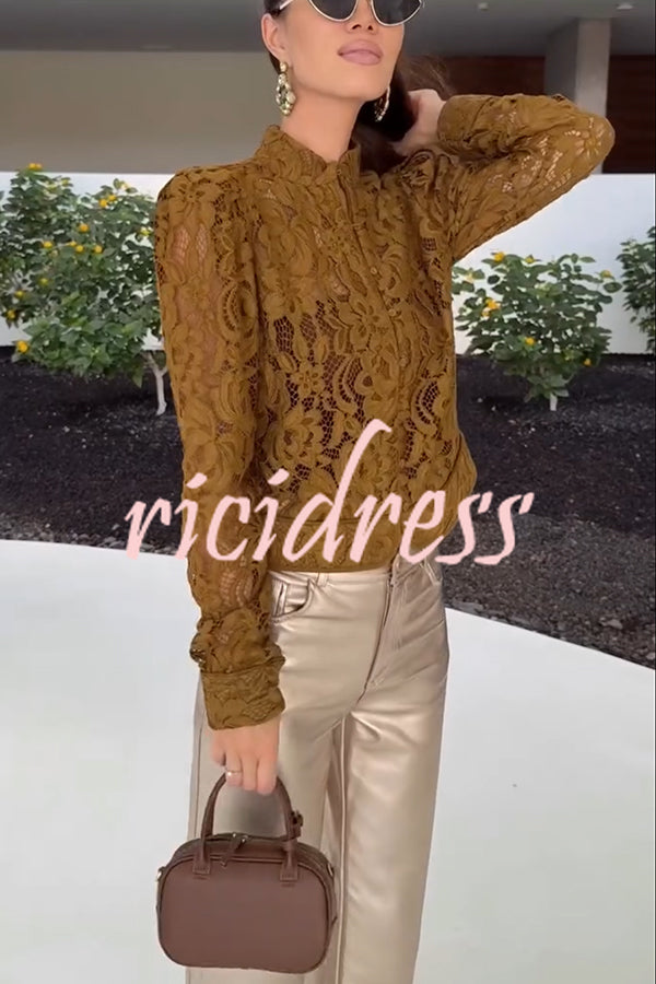 Palace Style Crochet Flower Lace Stand Neck Button Puff Sleeve Jacket