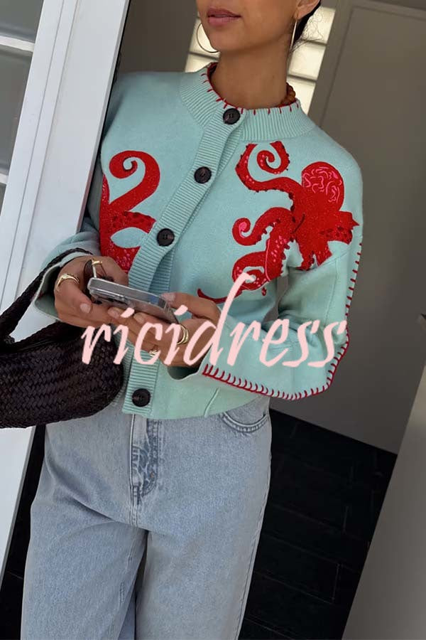 Coastal Fashion Knit Octopus Graphic Contrast Piping Button Up Loose Cardigan
