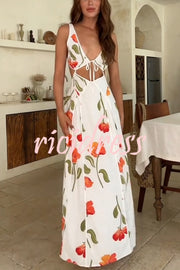 Eliska Linen Blend Poppy Print Cutout Contrast Trim A-line Maxi Dress