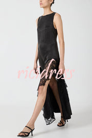 Pretty Soul Satin Lace Trim Wide Neck Irregular Hem Slit Maxi Dress