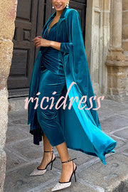 Elisabeth Luxurious Velvet Padded Shoulders Long Sleeve Twist Waist Drape Midi Dress