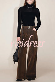 Taylor Denim Mid Rise Detachable Belt Flocked Pocket Wide Leg Jeans