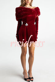 Stylish Velvet Off-shoulder Fitted Mini Dress and Fluffy Shawl, Velvet Gloves Three-piece Set