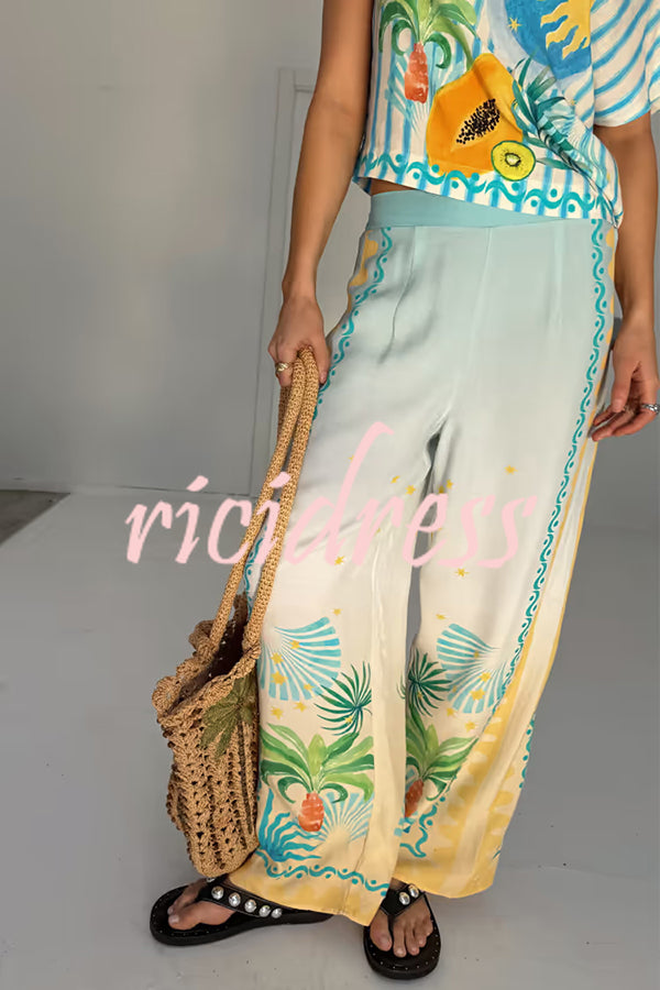 See You in Rio Tropical Fruits Print High Rise Elastic Waist Wide Leg Pants