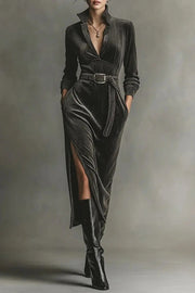 Solid Color Long-sleeved High-waisted Belted Casual Pocket Midi Dress